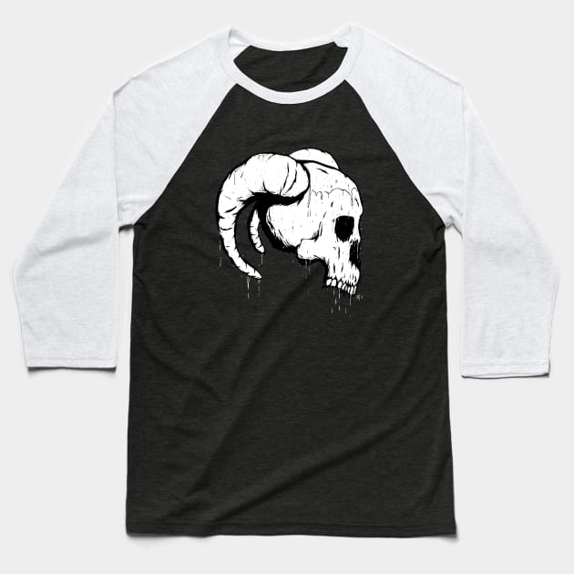 Morbid Skull With Ram Horns Baseball T-Shirt by UnluckyDevil